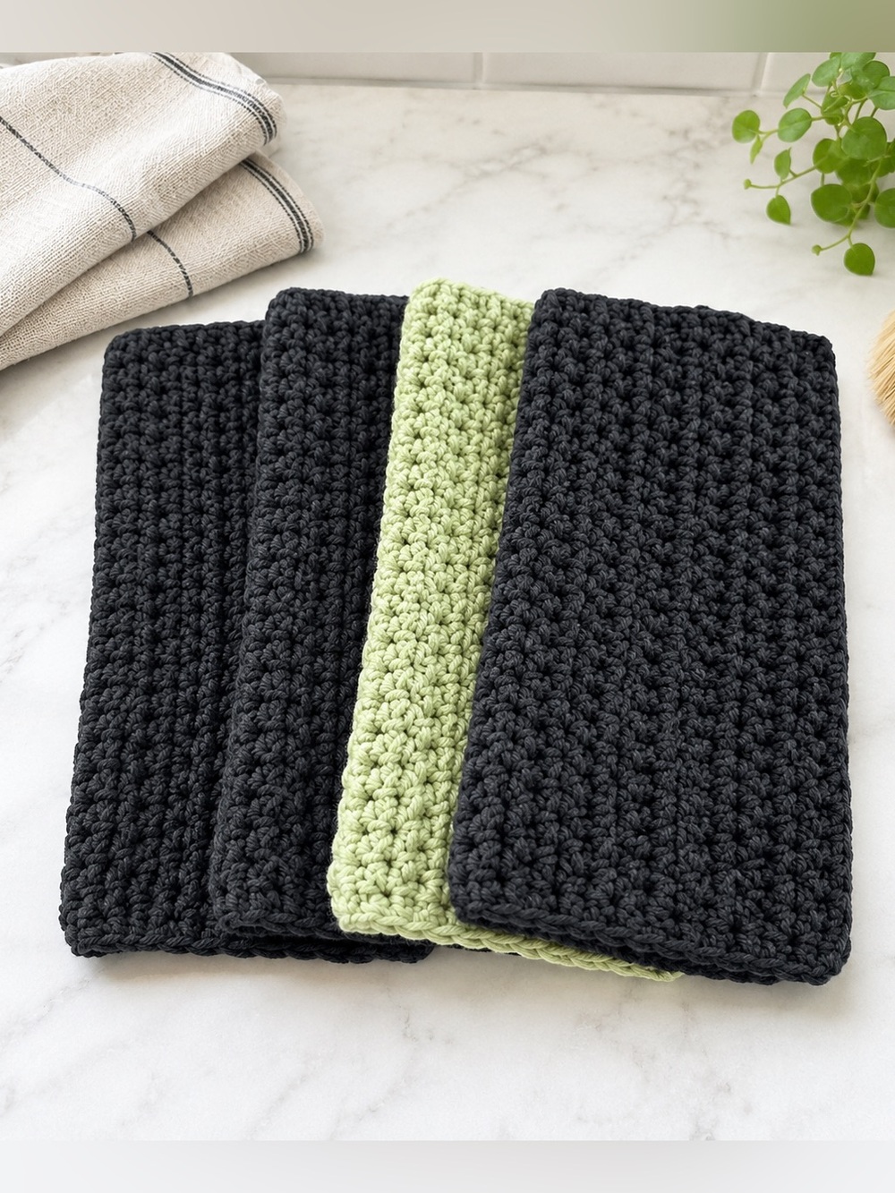Handmade Crochet 100% cotton Dishcloths Set of 4 Black and sage Green Washcloth